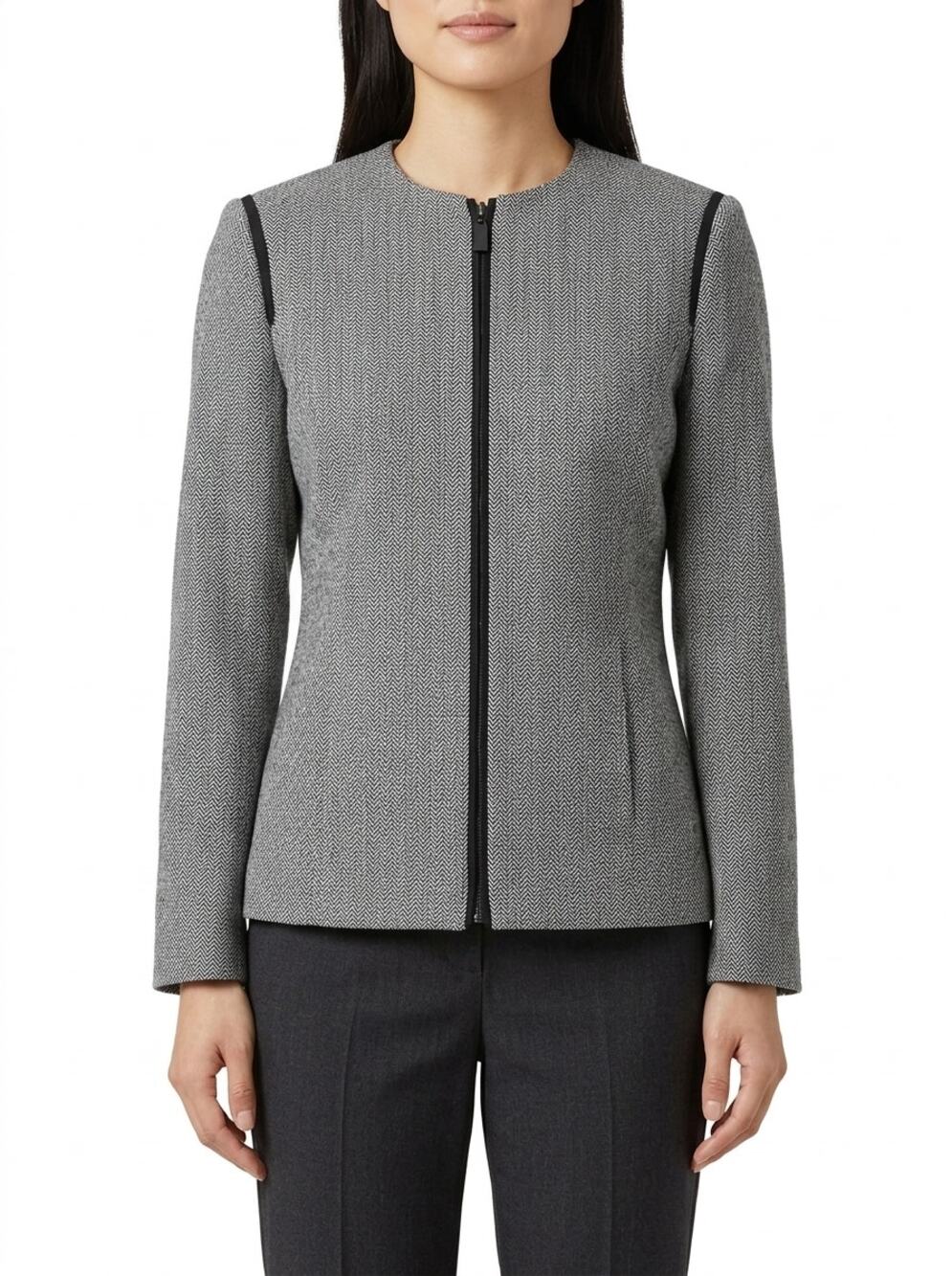 Kasper & Company ASL Gray Herringbone Full Zip Jacket Women Size 10P